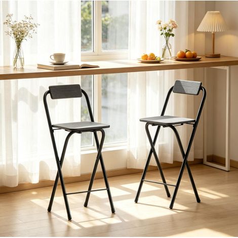 Lot de 2 tabourets de bar pliants avec dossier et repose-pieds en MDF et acier, 87 cm, noirs OKWISH (1/5)