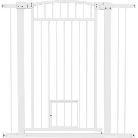Barrera de seguridad para perros con puerta 76-104 x 106 cm cierre seguro elegante para pasillos de acero blanco 210007470 (1/5)