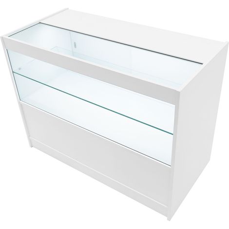 Mostrador Comercial con Luz LED C1200  MDF Color Blanco y Vidrio Templado  120x60x90cm  3 estantes  Puertas con cerradura  Ideal para tiendas y comercios  Fácil Montaje  Mostrador Recepción Expositor