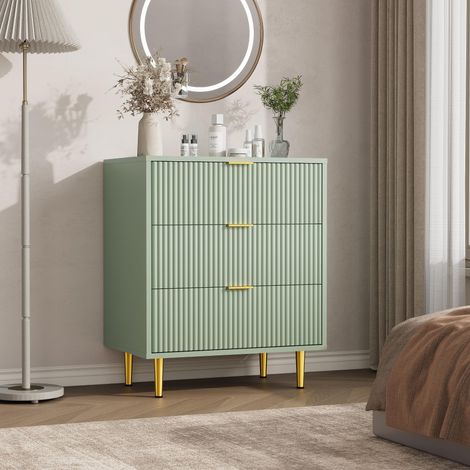 Commode 3 tiroirs vert olive en bois façade cannelée 60P x 39,5l x 74,8H cm, poignées et pieds métal chambre salon