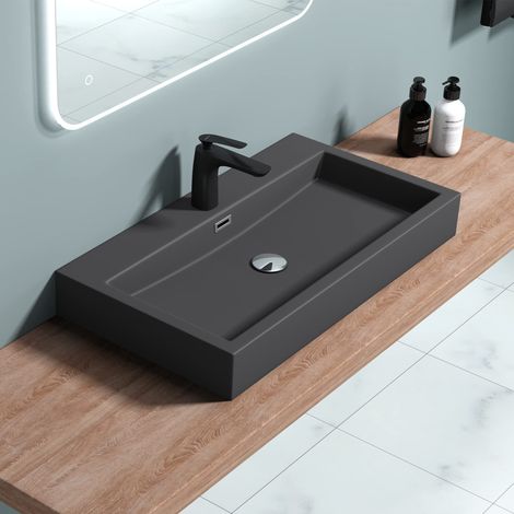 doporro Lavabo da Appoggio Rettangolare, Lavabo Bagno Sospeso con Foro Rubinetto e Troppopieno, Lavandino in Marmo Resina Antracite Opaco 76.5x42x10cm, Colossum06