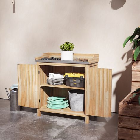 Table de rempotage armoire de rangement avec 2 étagères. plateau galvanisé antidérapants patins en bois sapin (1/4)
