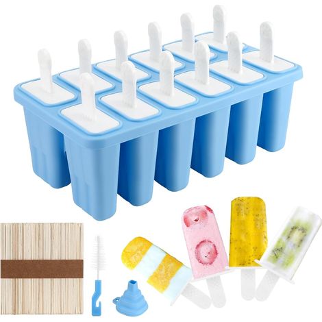 Silikon-Eisform, 12 Mulden, wiederverwendbar, BPA-frei, Eis am Stiel-Form für Kinder, mit Holzstab und Deckel, Hellblau (1/5)