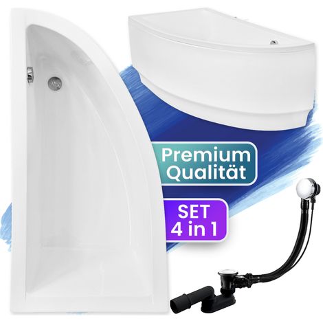 Badewanne Eckbadewanne 150x70 Links mit AcrylSchürze, Ablaufgarnitur & Füßen GRATIS - Komplettset 4in1 Original Acryl Wanne Siphon - BADLAND PRAKTIKA (1/5)