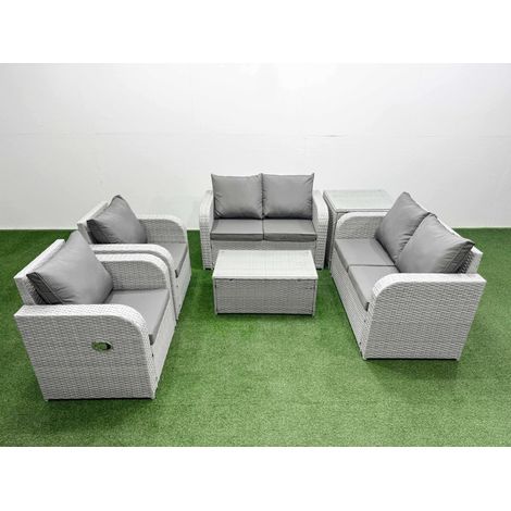 Fimous 6 Seater Outdoor Reclining Chair Love Sofa Set Rattan Garden Furniture Set with Rectangular Coffee Table Side Table Light Grey (1/4)