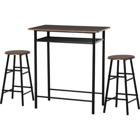 Table haute avec 2 tabourets de bar, structure acier, repose-pieds, étagère