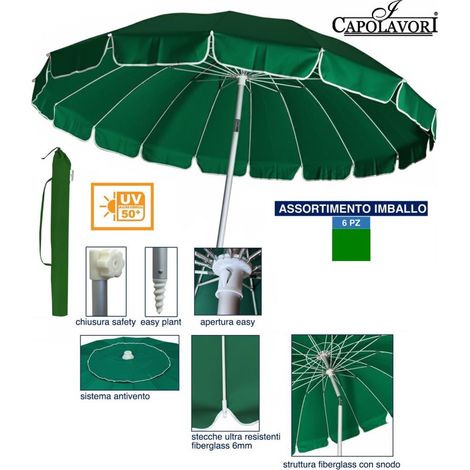 Ombrellone Mare Spiaggia Luxury Struttura in Alluminio Verde 220 cm