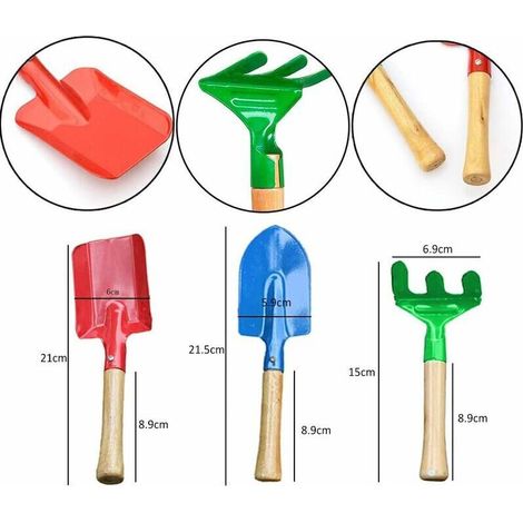 Set di 3 attrezzi da giardino per bambini: mini pala da giardino con manico in legno, pala sicura con piccolo rastrello e cazzuola (adatto ai più piccoli). (1/4)