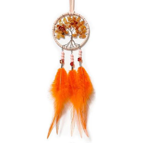 Attrape-rêves en plumes, petit modèle fait main, décoration de voiture, arbre de vie, orange (1/5)