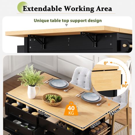 Îlot de cuisine mobile, doté de roulettes et d’un plateau de repas détachable. Meuble de cuisine avec des tiroirs multifonctionnels. Idéal pour les cuisines et les salons de repas. Couleur noire. (1/5)