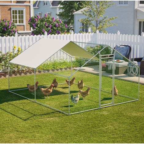 Gallinero de metal 303x400x200 cm, con cierre de seguridad, malla PVC, lona PE impermeable, gris (1/5)