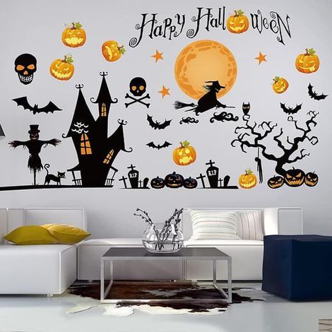 Décorations d'Halloween - Autocollants, stickers pour fenêtres, murs et vitres - Citrouille, Squelette, Tombe, Chat, Arbre, Sorcière, Fantôme, Château, Cimetière, Hanté (1/5)
