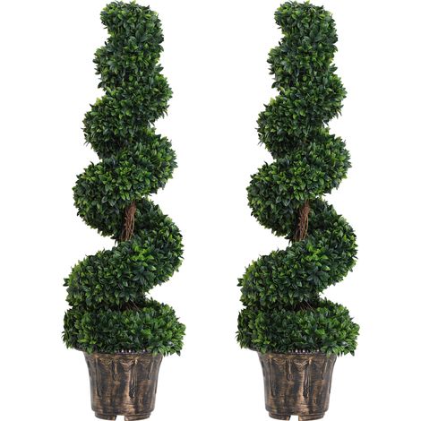 Set 2 Piante Artificiali di Bosso a Spirale per Interni ed Esterni con Vaso, Ø32x120 cm, Verde