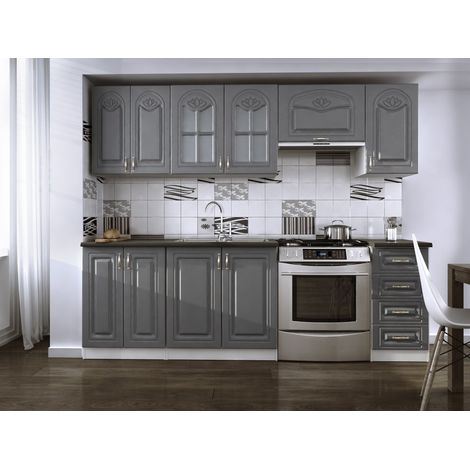 Tendencio – Cuisine complète 240 cm grise avec moulures – Ultra moderne – Emplacement pour gazinière – Pour espaces contemporains