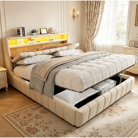 Bettgestell 180x200 cm beige aus Stoff mit hydraulischem Stauraum, LED-Beleuchtung und USB-/USB-C-Ladeanschlüssen (1/5)