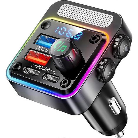 Bluetooth 5.3 54W Kfz-Ladeadapter mit 4 Ladeanschlüssen, kabellosem FM-Radiosender mit Bass Play und Freisprechfunktion (1/5)
