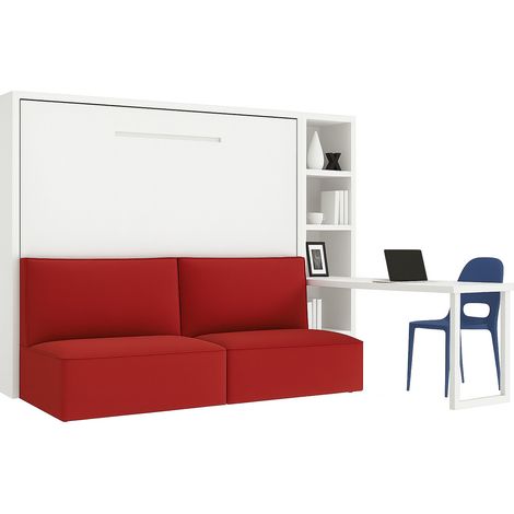 Lit escamotable horizontal LOGIA lit+canapé+étagère+bureau Rouge-140x200-Canapé Rouge-Structure Blanche-Version lit+canapé+étagère+bureau (1/5)