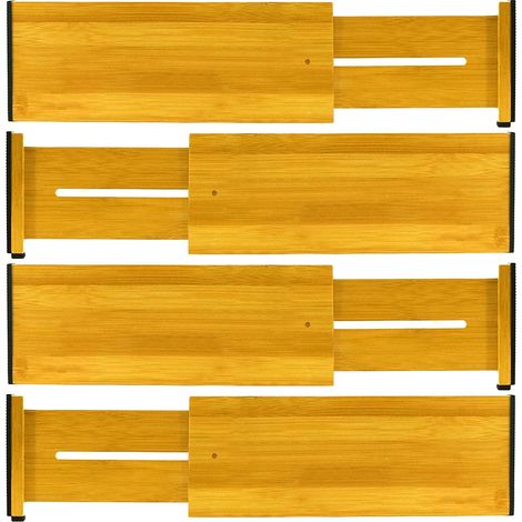Lot de 4 séparateurs de tiroir réglables en bambou naturel (43 à 56 cm) Système de rangement de tiroirs pour cuisine, salle de bain, chambre à coucher, commode et bureau (1/2)