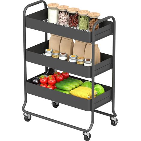 Chariot de cuisine, 3 paniers, 4 roues, métal, noir (1/5)