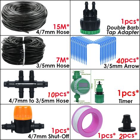 (SPL11-283B-15M-T) Kit d'irrigation goutte à goutte automatique avec coude vert pour tuyau de 4/7 à 3/5 mm, idéal pour les plantes en pot et les bonsaïs.