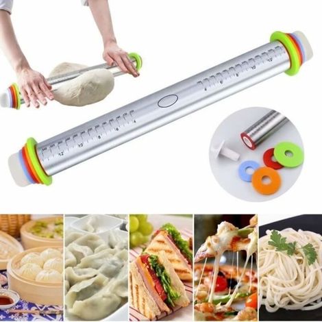 (Stainless Steel) Rolling Pin - Stainless Steel - Removable - Non-Stick - 4 Adjustable Discs (1/4)