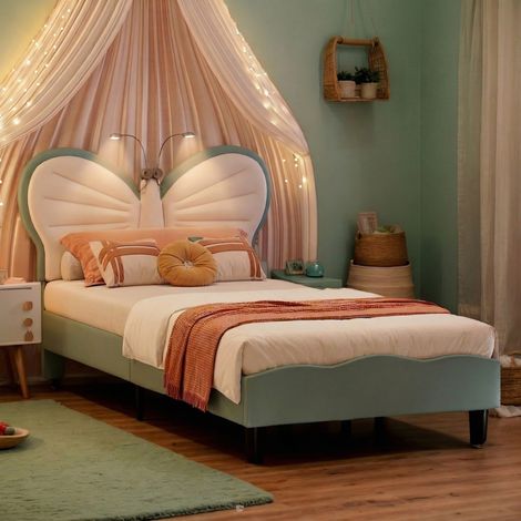 Letto singolo 90x200 cm con testiera a farfalla, letto singolo in velluto blu, rete a doghe, letto imbottito per cameretta