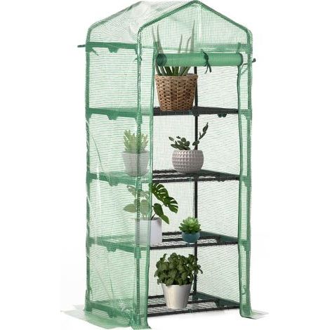 Serre de jardin PE avec étagères 4 niveaux, serre de balcon, bâche renforcée 140 /m², châssis en acier, porte zippée enroulable, pour légumes plantes, intérieur extérieur, 70x50x160cm, vert (1/5)