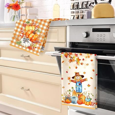 Kitchen Tea Towels Autumn Pumpkin Scarecrow Kitchen Towels Dish Cloths Soft Absorbent Bar Towels Decorative Gift 40 x 60 cm (1/4)