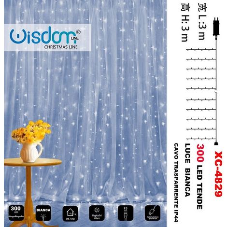 TRADE SHOP - Tenda Luminosa Natalizia 300led Luce Bianca Cavo Trasparente 8giochi Luce Xc4829 -