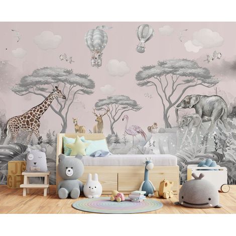Vlies Fototapete Kinderzimmer 300x210 cm Dschungel Tiere - Fototapeten Tapeten für Kinder Mädchen & Jungen - Kindertapete - Kinderzimmertapete weiß rosa Wald, WallArena