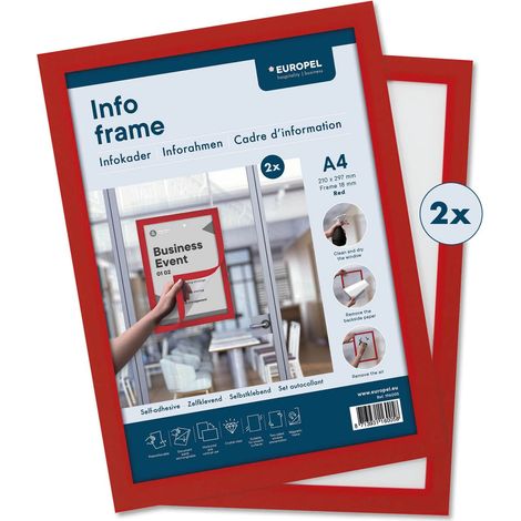 Europel Cornice Informativa Magnetica Autoadesiva A4 Rossa, Set da 2, Cornice in PVC Rimovibile con Chiusura Magnetica, Utilizzo Bifacciale, Formato Verticale o Orizzontale, 32,5 x 23,8 cm (1/5)