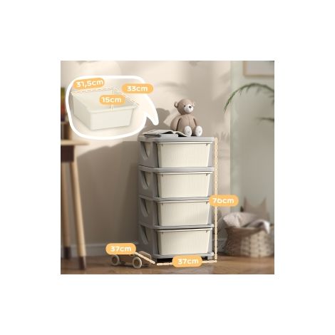 Boîte de rangement pour enfants, 4 grands tiroirs, bords arrondis, plastique, 37x37x76 cm, Blanc crème (1/5)
