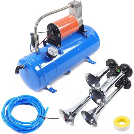 Compresseur d'air 6L 150 PSI  12V  Klaxon à 4 trompettes  Pieds anti-vibration  Tuyau PVC ignifuge et résistant à la corrosion