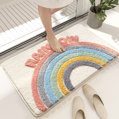 Regenbogenfarbene, saugfähige, rutschfeste Badematte 40 x 60 cm, extra weich, aus weicher Mikrofaser und maschinenwaschbar. (1/5)