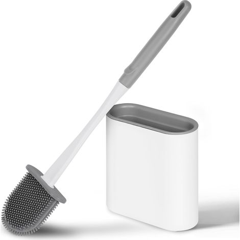 Brosse de Toilette, Brosse WC en Silicone Antibactérienne Balayette,Brosse de Toilettes à Séchage Rapide et Récipient pour Salle de Bain avec Support Murale (Blanc) (1/5)