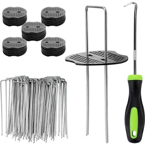 50 Gartenpfähle mit 50 Unterlegscheiben – Befestigungspfähle aus verzinktem Stahl für Mulch und Gartengewebe, Drahtgeflecht und Netze – 150 x 36 mm, Ø 3 mm