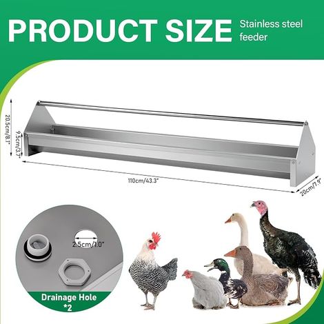 Gamelle trapézoïdale pour volaille en acier galvanisé avec entretoise transversale et trous de drainage, poules, canards, oies, dindes (1/4)