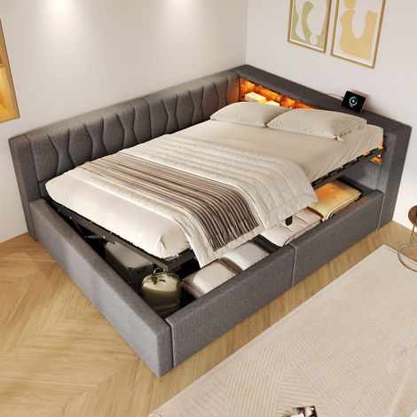 TKOPY - Canape lit 2 places - lit coffre 140x200 avec système hydraulique - lit double avec éclairage LED - lit 2 place avec casier de rangement - sommier 140x200 avec port USB - lin – gris (1/5)