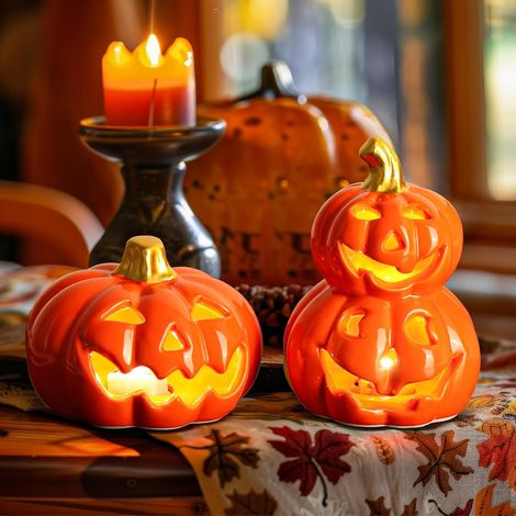 Set mit 2 dekorativen Kürbislaternen mit gruseligen Gesichtern, Keramik, Halloween-Kürbis aus Keramik mit LED-Beleuchtung (1/5)