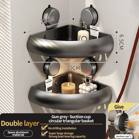 (Étagère grise CUP 2) Étagère de salle de bain adhésive à ventouses sans perçage, étagère de salle de bain, étagère suspendue en aluminium pour toilettes, organisateur de salle de bain à accrocher au (1/5)