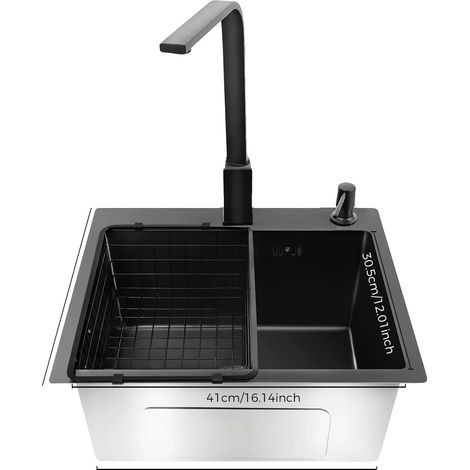 Évier de cuisine, acier inoxydable, design à un seul bol, noir (1/2)