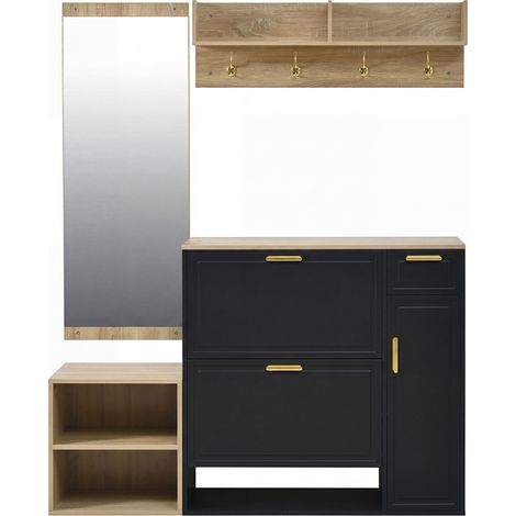 Ensemble d’entrée 4 pièces avec rangement chaussures, banc, porte-manteaux mural et miroir – bois naturel et noir (1/5)