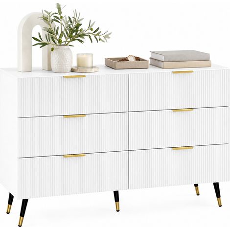 Buffet bas moderne blanc avec 6 tiroirs, portes à façade ondulée, poignées et pieds dorés, 120 cm, rangement salon et salle à manger CHICFURN (1/5)