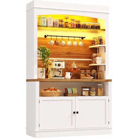 Küchen-Hochschrank mit 3 Seitenregalen, 6 Haken und RGB-LED, MDF Weiß, 107 x 34 x 184 cm (1/5)