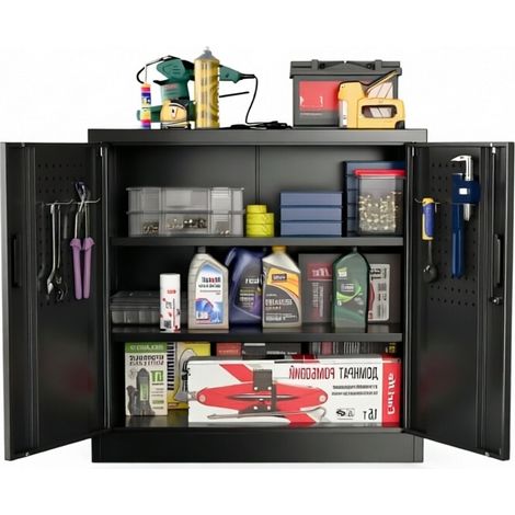 AOBABO Armoire en métal avec plaque perforée et crochets, 80 cm de haut, 2 étagères réglables, convient pour la maison, le bureau, le garage, l'école, à monter soi-même, noire
