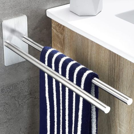 Porte-serviettes sans perçage, double porte-serviettes, acier inoxydable, deux bras, porte-serviettes mural auto-adhésif pour salle de bain et cuisine, 38 cm, argent brossé (1/5)