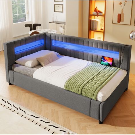 Cama 90x200 con almacenaje hidráulico, LED, USB y USB-C, en lino y madera, gris DESVIAE (1/5)