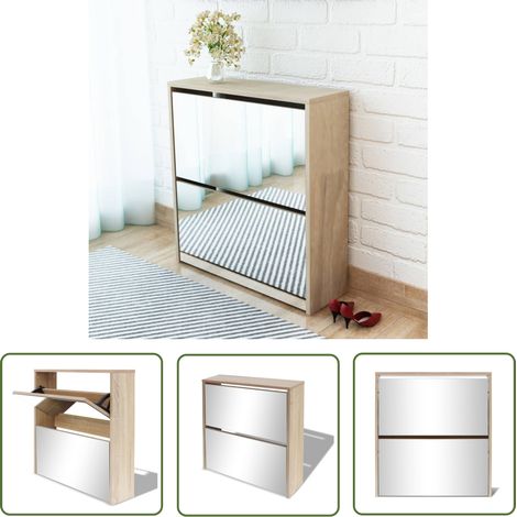 The Living Store Schuhschrank mit 2 Fächern Spiegel Eiche-Optik 63x17x67 cm - Spiegel-Schuhschrank - Schuhschrank - Flurmöbel - Schuhregal - Garderobe (1/5)
