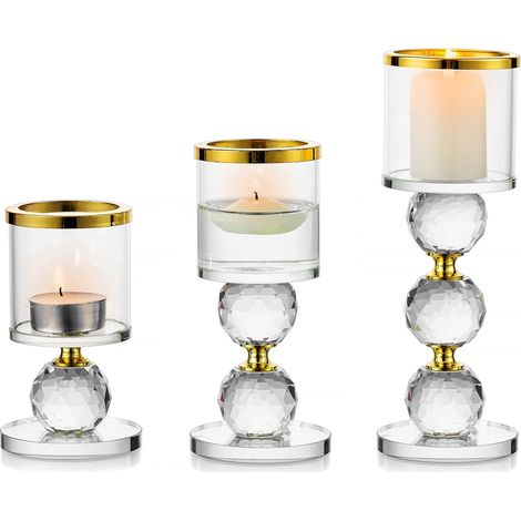 3 portavelas de cristal dorado, candelabros de cristal transparente para bodas (1/5)