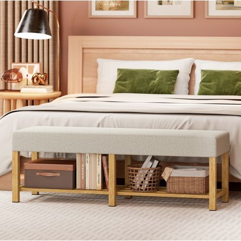Banc à chaussures 140 cm avec coussin, rangement ouvert, bois naturel et blanc crème HAVRYA (1/5)